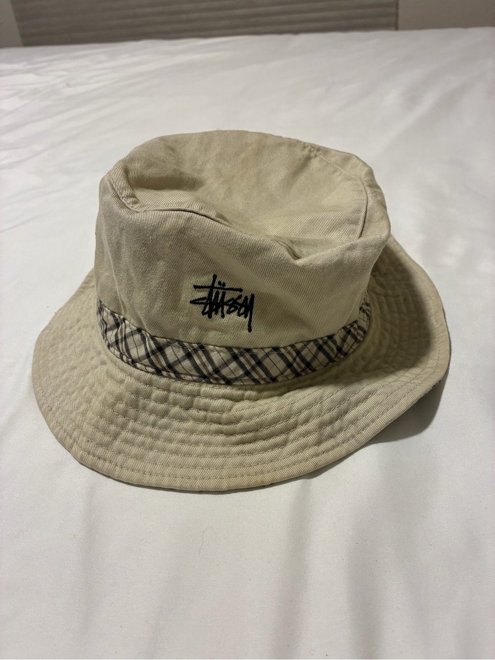 Stussy Beige Bucket Hat with Plaid Band